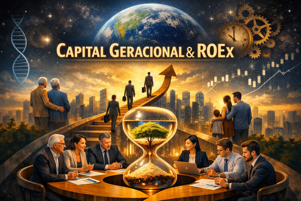  Ilustração digital mostrando profissionais de diferentes gerações reunidos em torno de uma mesa em forma de infinito, com uma ampulheta contendo uma árvore ao centro, simbolizando o conceito de Capital Geracional e ROEx na governança corporativa da era da longevidade.


